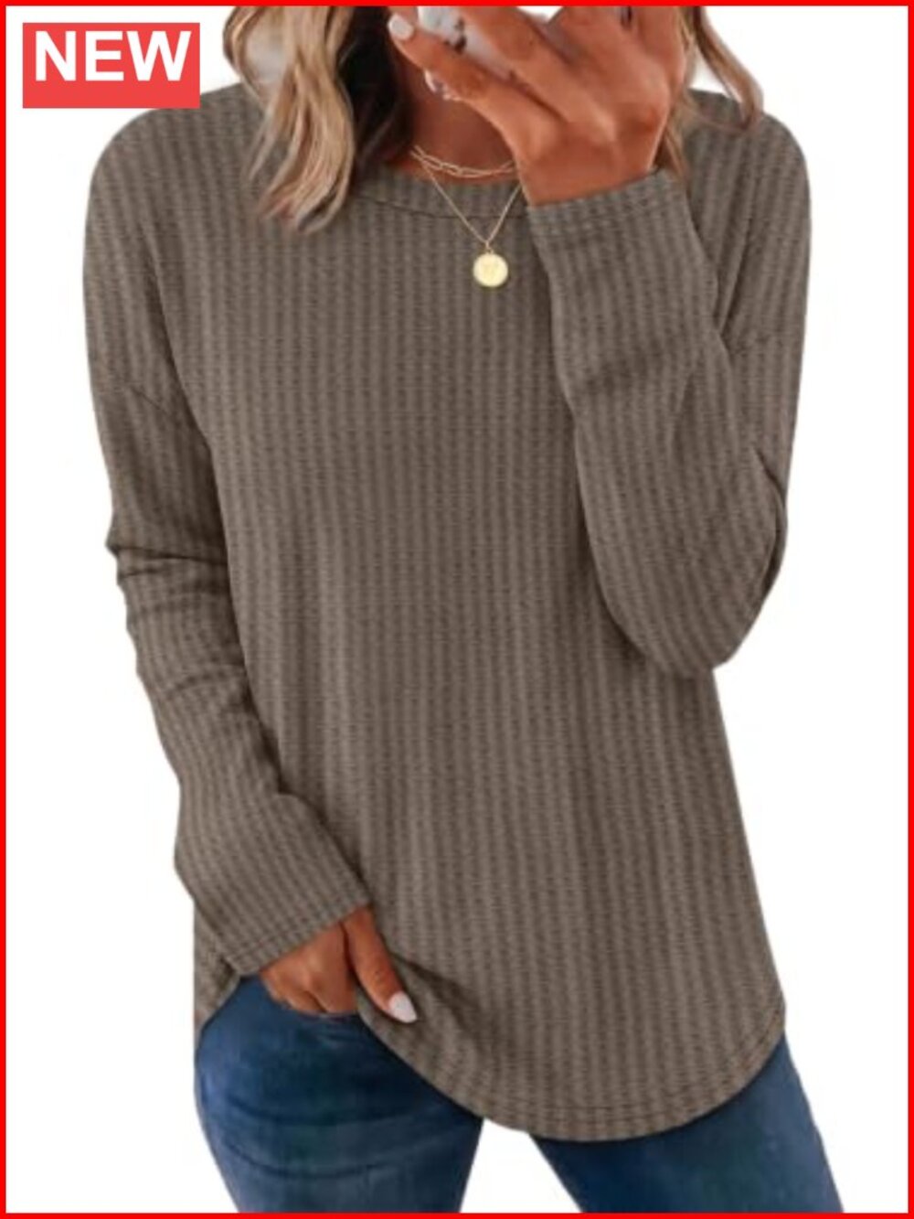 Waffle Knit Long Sleeve Tunic Top Crew Neck Curved Hem Relaxed Fall Winter
